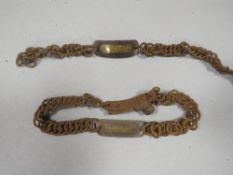 TWO 19TH CENTURY CHAIN DOG COLLARS, EACH WITH A BRASS PLATE INSCRIBED 'REV.G BOTFIELD, DECKER HALL
