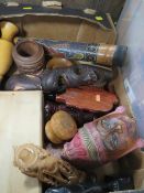 A TRAY OF TREEN ITEMS TO INCLUDE WALL MASKS, FIGURES, VASE AND A BOX OF CURIOS