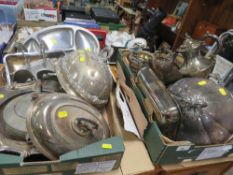 TWO TRAYS OF ASSORTED METALWARE TO INCLUDE A FOUR PIECE TEA SERVICE