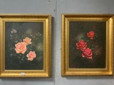 A PAIR OF GILT FRAMED OILS ON BOARDS OF ROSES