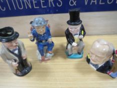 FOUR VINTAGE WINSTON CHURCHILL CHARACTER JUGS, VARIOUS MAKERS