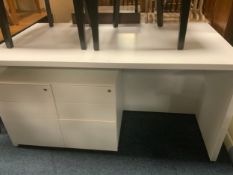 A large modern white office desk with two metal filing cabinets W 150 cm