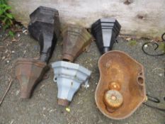 A SELECTION OF CAST IRON DRAIN / GUTTER WATER HOPPERS TOGETHER WITH A TROUGH/ PLANTER