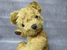 A MID CENTURY VINTAGE MOHAIR TEDDY BEAR WITH BELLS TO EARS, fully jointed, velvet pads, H 39 cm
