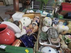 THREE TRAYS OF MIXED CHINA AND COLLECTABLES TO INCLUDE WEDGWOOD, DOULTON, OLD FIGURES ETC