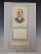 ANDREW BONAR LAW (PRIME MINISTER), signed letter clipping, mounted with a silk portrait and 10