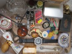 A TRAY OF COLLECTABLES TO INCLUDE EARLY MUFFIN THE MULE TOY, DIE CAST GYROCOPTER, YELLOW METAL