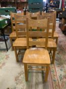 A huge circular, heavy oak dining table together with six heavy oak chairs Dia. 190 cm