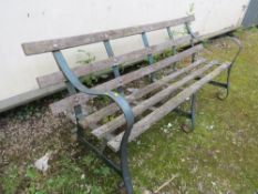 A VINTAGE WROUGHT IRON AND WOODEN GARDEN BENCH