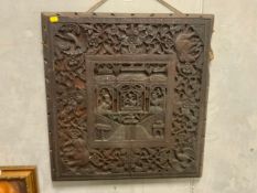 A EASTERN / ORIENTAL CARVED HARDWOOD WALL HANGING PANEL, DEPICITING ANIMALS, FIGURES AND FOLIAGE