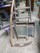 A VINTAGE WOODEN STEP LADDER TOGETHER WITH A STOOL, SCYTHE AND TWO WASH BOARDS