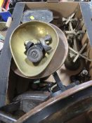 TWO TRAYS OF ASSORTED METALWARE TO INCLUDE SCALES, WEIGHTS AND OIL CANS ETC
