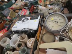 FOUR TRAYS OF ASSORTED SUNDRIES TO INCLUDE CHEMIST BOTTLES, CASED CUTLERY, PROJECTOR ACCESSORIES ETC