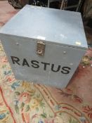 A SQUARE STORAGE BOX LABELLED RASTUS