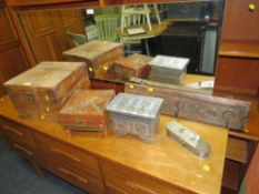 An eastern wooden hardwood box together with another similar example, two metal boxes and coat hooks