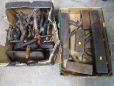 TWO TRAYS OF WOODWORKING PLANES AND VINTAGE PARAFFIN TORCHES ETC