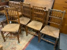 A set of four antique Oak Lancashire style wicker seat chairs