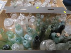 FOUR TRAYS OF ASSORTED CHEMISTS, SCIENTIFIC AND OTHER BOTTLES