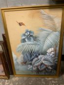 FOUR ASSORTED PICTURES AND PRINTS TO INCLUDE AND ORIENTAL WATERCOLOUR OF BIRDS AMONGST FOLIAGE