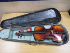 A VINTAGE VIOLIN IN WOODEN CASE - HAS MISSING STRINGS