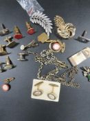A SMALL TIN OF COSTUME JEWELLERY ETC TO INCLUDE TWO POCKET WATCH CHAINS ONE HAVING HALLMARKS TO EACH