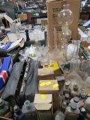 TWO TRAYS OF MEDICAL EQUIPMENT TO INCLUDE A DOCTORS BAG, SCIENTIFIC GLASSWARE, MEDICINE BOTTLES ETC