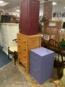A utility style four drawer chest together with a metal two door cabinet and a metal trunk
