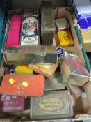 THREE TRAYS OF VINTAGE COLLECTABLE TINS ETC