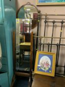 A vintage oak cheval mirror together with a circular walnut mirror and a pot bank framed print