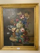 A GILT FRAMED OIL ON CANVAS STILL LIFE OF A VASE OF FLOWERS ON A TABLE, 58 x 45 cm