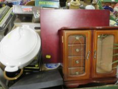 A TRAY OF SUNDRIES TO INCLUDE CUTLERY CANTEEN AND CONTENTS, JEWELLERY CABINET, CASED FLATWARE ETC