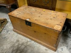 An antique pine, twin handle blanket box with repairs W 97 cm