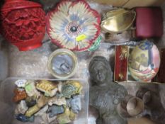 A TRAY OF COLLECTABLES TO INCLUDE METAL BUST OF QUEEN VICTORIA, CINNABAR WARE, WADE, COLLECTABLE