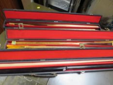 THREE POOL / SNOOKER CUES AND CASES