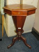 A 19TH CENTURY MAHOGANY SEWING BOX ON TRIPOD STAND
