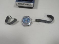 A VINTAGE MEMO STAR ALARM WRIST WATCH WITH ORIGINAL BOX A/F
