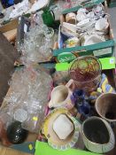 Five trays of assorted ceramics to include glass ware to include a Victorian type green glass dump