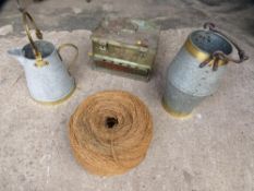Four vintage items to include a small animal transport box, a ball of string and two zinc and