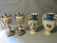 Two pairs of antique large mantle vases to include a pair of gilt mounted examples