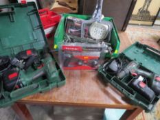 Two boxed Bosch rechargeable cordless drills / screwdriver and a box of tools