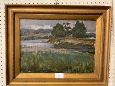 An oil on board of an impressionist river landscape