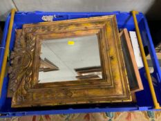 A tray of assorted mirrors and pictures to include a pine mirror