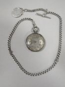 AN ANTIQUE SILVER POCKET WATCH ALBERT CHAIN AND WATCH
