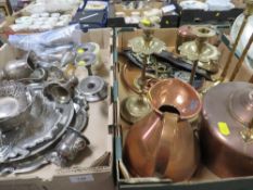 Two trays of metal ware to include copper, brass and silver plated ware
