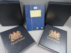 A stamp album and contents plus two empty stamp albums