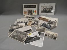 WW2 naval interest photographs, some dated and titled, a HMS Drake hat tally and some later items