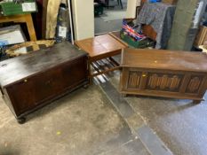 A mid-century tile top teak table together with two oak blanket boxes