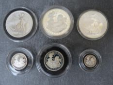 Silver 1oz Britannias 1997 and 1998 x 2, ½oz 1997, ¼oz 1997 and 1/10oz 1997 (6)