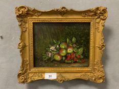 A oil on board depicting fruit on a mossy ground