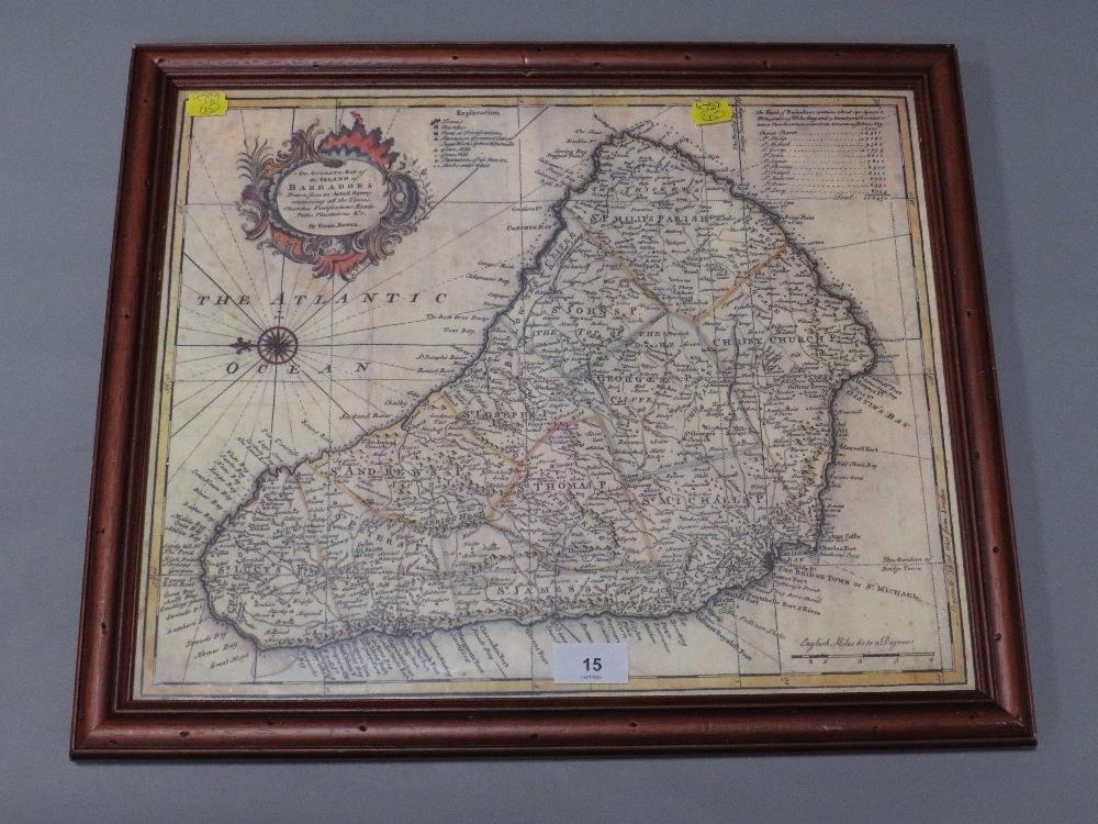 An Emanuel Bowen 1747 hand coloured map of Barbados